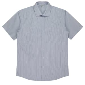 A short-sleeve button-up shirt in light blue with subtle stripes, featuring a single chest pocket and a logo.