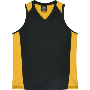 A green and yellow singlet featuring a v-neck design and contrasting side panels, with a brand logo.