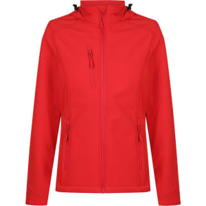 A red soft shell jacket featuring zippered pockets and a zip front, with a high collar. It includes a logo on the design.