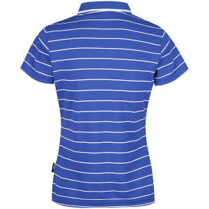 A blue and white striped polo shirt with a collar and a branded label at the hem.
