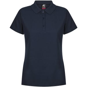 A navy polo shirt with a classic collar and short sleeves, featuring a logo on the tag.
