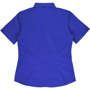 A blue short sleeve button-up shirt with a fitted design and a back seam detailing. Features a logo.