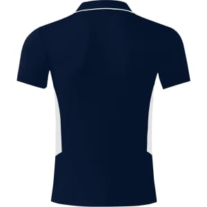 A navy blue polo shirt featuring white side panels and a collar. The shirt has a logo on it.