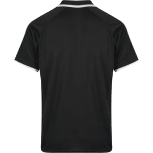 A black men's polo shirt featuring a contrasting collar and sleeve detail. The back view shows a smooth fabric and a logo.
