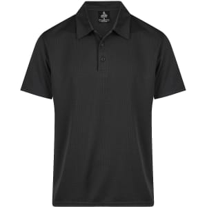 A black men's polo shirt with a collared neckline and three buttons, featuring a logo on the chest.