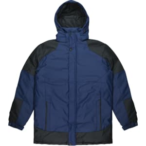 A navy blue and black men's jacket with a hood, featuring a zip and button closure. It has a logo on it.