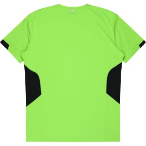 A bright green T-shirt with black accents on the sides, featuring a branding logo.