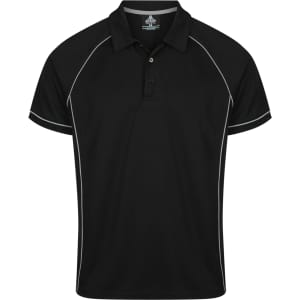 A black polo shirt with contrasting piping and a collar, featuring a logo on the front.
