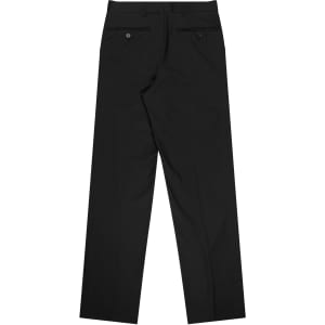 A pair of black flat front men's pants with a straight leg and two back pockets. Features a logo on the waistband.