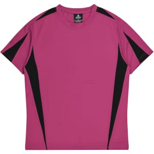 A pink T-shirt with black side panels and a logo on the neckline. Ideal for casual wear or activities.