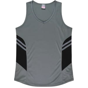 A grey singlet with black side panels and a v-neck design. It features a logo on the upper part.