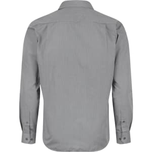 A long sleeve button-up shirt in grey, featuring a plain design and a branded logo on the back.