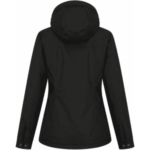 A black women's jacket featuring a hood and a patterned design on the back, with a logo present.