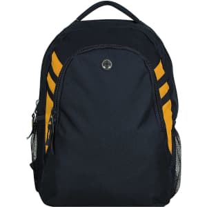 A black backpack with yellow accents and mesh side pockets, featuring a logo on the front.