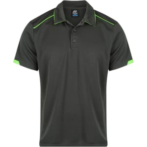 A dark green polo shirt featuring bright green accents and a logo on the chest.