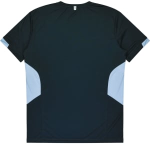 A dark green T-shirt with light blue side panels, featuring a branding logo.