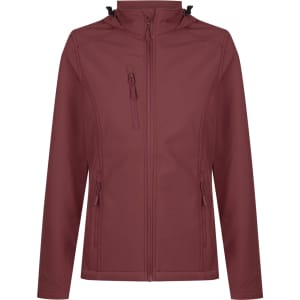 A maroon soft shell jacket featuring a zip front, two side pockets, and a zippered chest pocket. It has a logo.