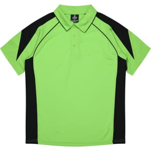 A vibrant green polo shirt with black accents and a collar. The shirt features a logo on the neck.