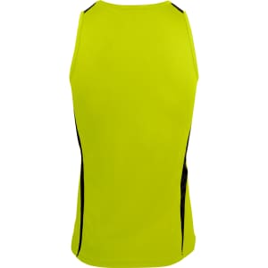 A bright yellow singlet with black side panels, featuring a logo on the back.
