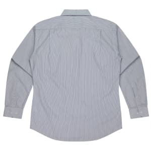 A long sleeve button-up shirt in a light blue and white striped pattern, featuring a back view with a logo.