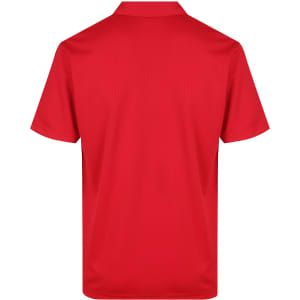 A red polo shirt featuring a collar and short sleeves, with a logo on the back.