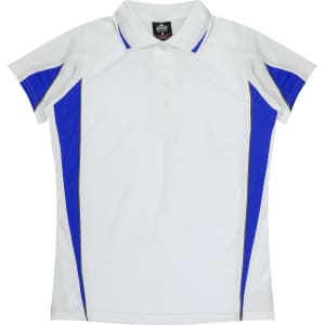 A white polo shirt with blue side panels and a logo, featuring a classic collar and short sleeves.