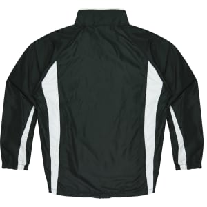 A dark green tracktop with white side panels, featuring a collar and elasticised cuffs. Includes brand logo.