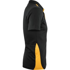 A black polo shirt with yellow accents, featuring a collar and short sleeves, and includes a logo.