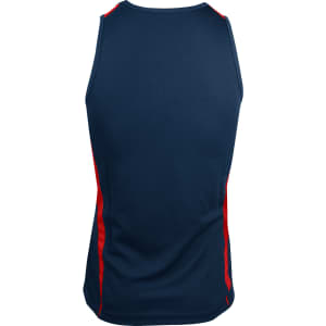 A navy blue singlet with red side stripes, featuring a logo on the back.