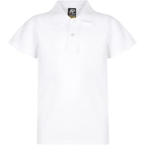 A white polo shirt for kids featuring a three-button placket and a collar. Includes a logo on the label.