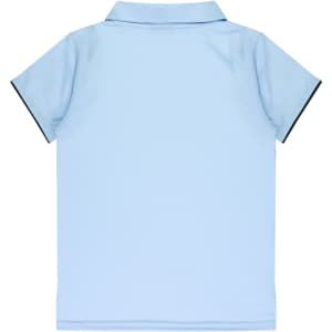 A light blue polo shirt featuring a collar and short sleeves, with a contrasting trim. It has a logo on the front.