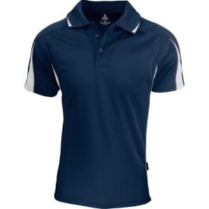 A navy blue polo shirt with white accents and a logo on the chest. Features a classic collar and button placket.