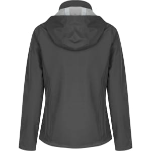 A soft shell jacket in dark grey with a hood, featuring a sleek design and tailored fit.