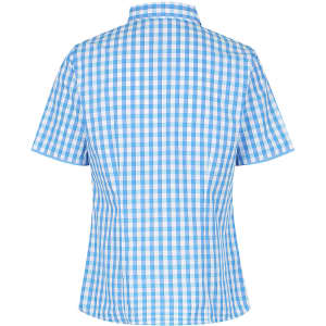 A short-sleeved button-up shirt in blue and white check pattern, featuring a classic collar and a logo.