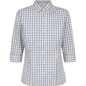 A grey and white checked button-up shirt with 3/4 sleeves. Features a collar and a logo.
