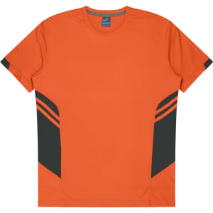 An orange men's T-shirt featuring black side panels and a logo. Suitable for casual wear or sports activities.