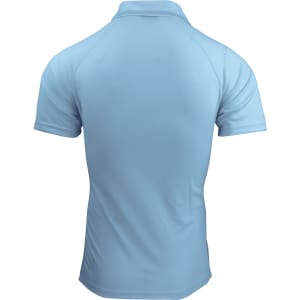 A light blue polo shirt featuring a collar and a branded logo on the back.