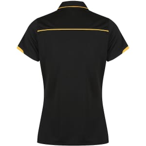 A black polo shirt featuring yellow accents and a logo on the back.