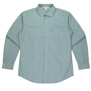 A long-sleeve button-up shirt featuring a green and white checked pattern, with a collar and a chest pocket.