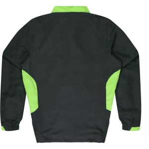 A children's tracktop in black with bright green accents, featuring a collar and long sleeves. It has a branding logo.