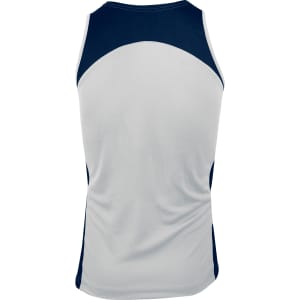 A men's singlet in white with navy blue panels, featuring a logo on the back.