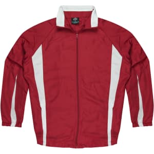 A red track jacket featuring white stripes and a front zipper. It has a collar and long sleeves.