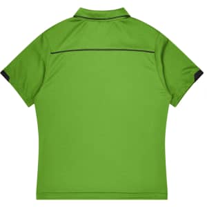 A green polo shirt with black detailing at the sleeves and back. Features a logo on the front.
