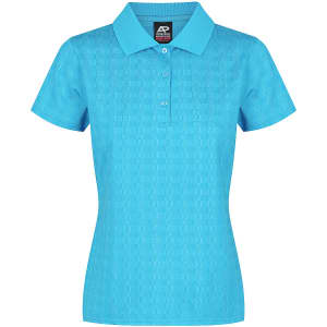A women's polo shirt in aqua blue with a textured pattern and a collar. It features buttons and has a logo.