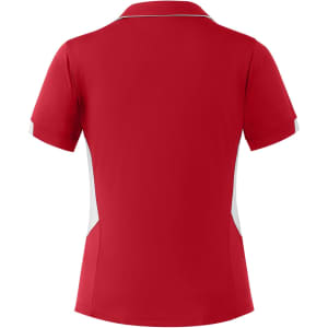 A red polo shirt with white accents, featuring a collar and short sleeves. The shirt has a logo on it.