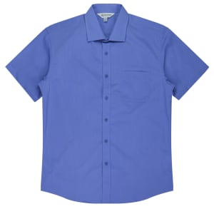 A short-sleeve button-up shirt in a solid blue colour, featuring a single chest pocket and a collar.
