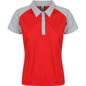 A red polo shirt with grey sleeves and a collar, featuring a logo on the upper left.