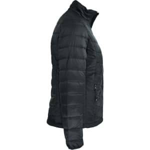 A black puffer jacket with a zip and standing collar, featuring a sleek, quilted design and a logo.