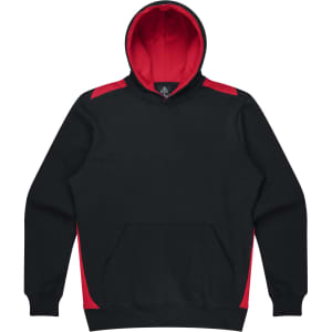 A black hoodie with red accents and a front pocket, featuring a hood and branding.