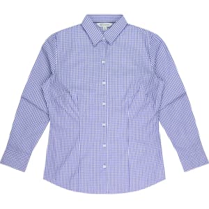 A long sleeve button-up shirt featuring a blue and white gingham pattern and a collar. It includes a branded tag.